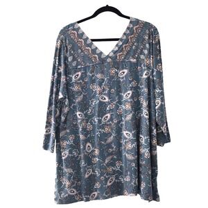 J JILL Women's XL Modal Top Paisley Floral Blue V Neck Peasant Boho Teardrop Art